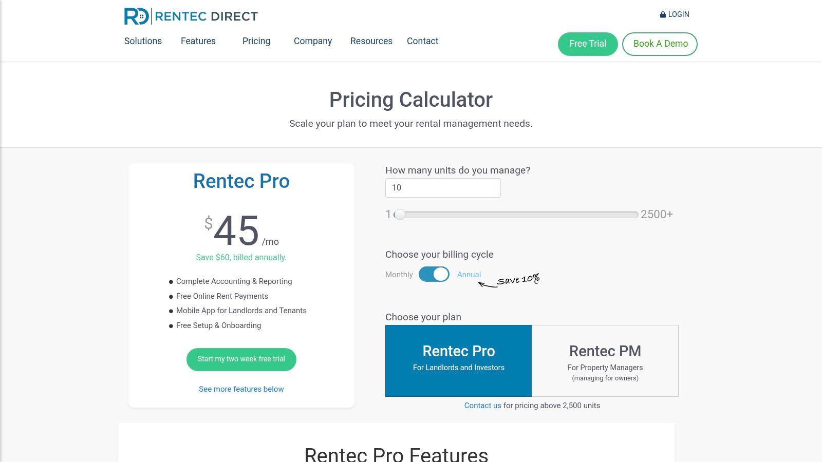 Rentec Direct's interface showing property and accounting details