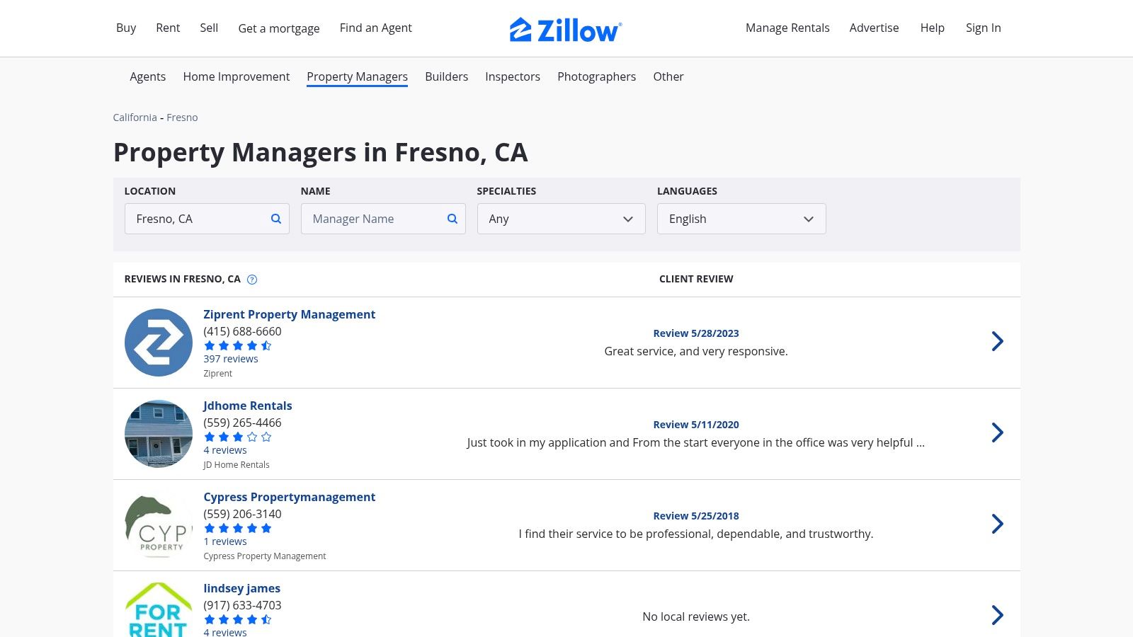 Zillow – Property Managers in Fresno