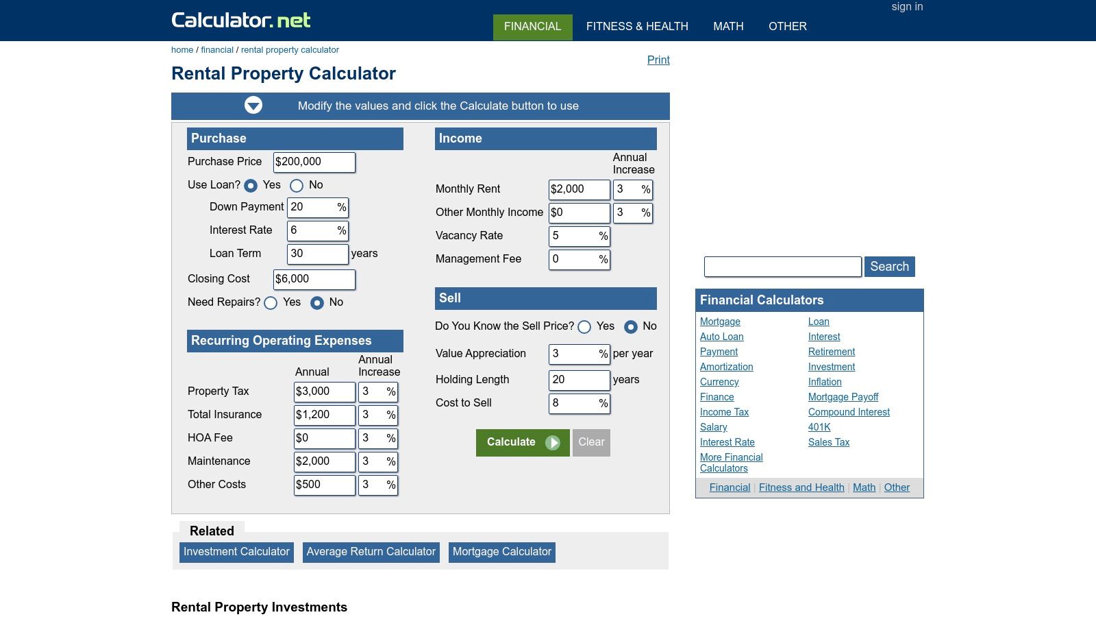 Calculator.net Rental Property Calculator