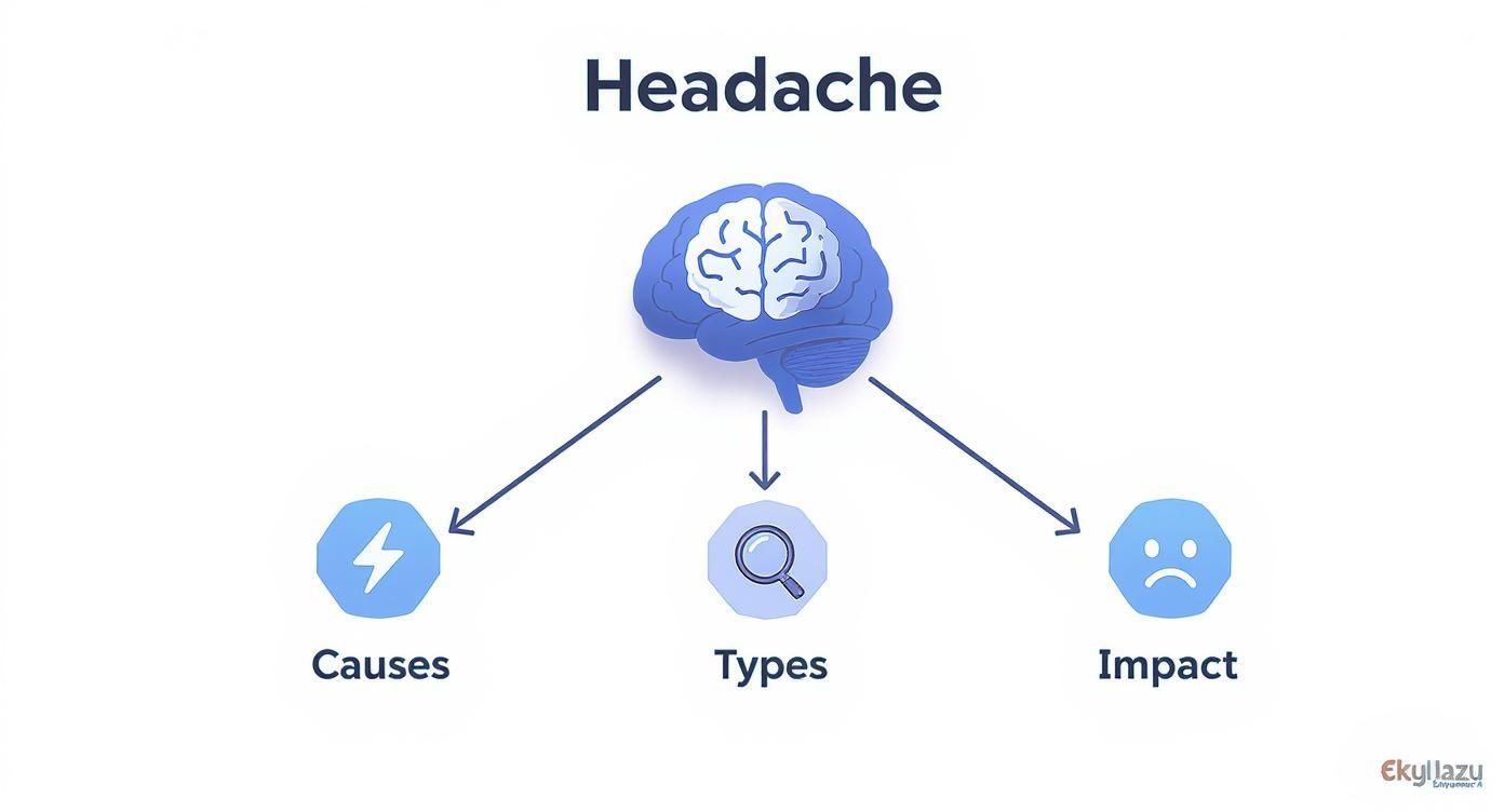 Medical diagram showing brain with three branches illustrating headache causes, types, and impact