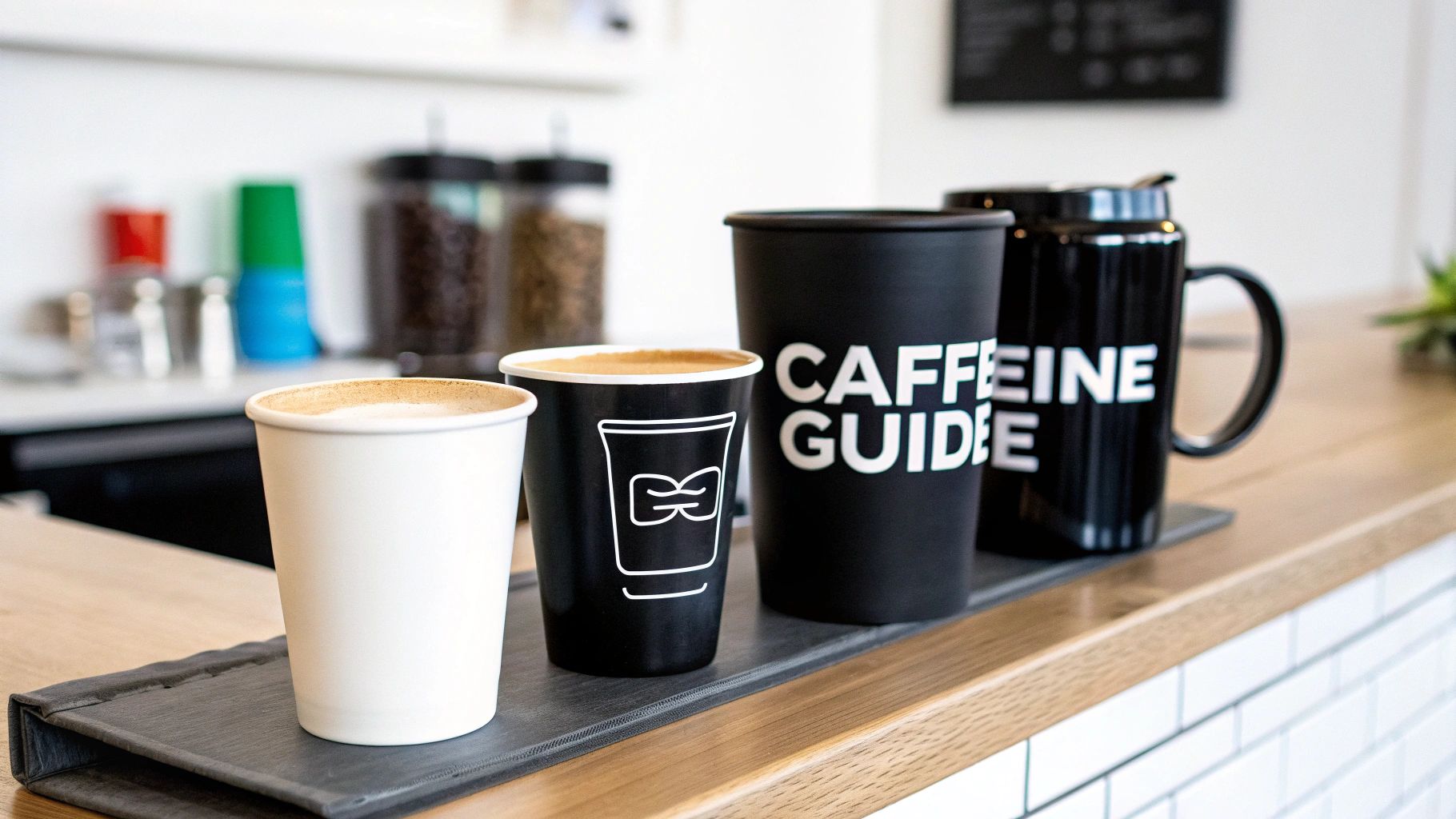 Two coffee cups with espresso and two black travel mugs, one reading 'CAFFEINE GUIDE', on a cafe counter.