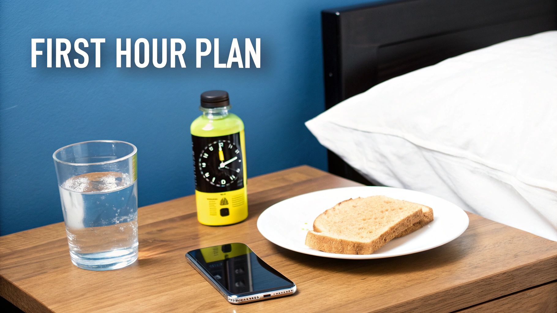 Bedside table with a first hour plan, showing water, juice, bread, and a phone next to a bed.