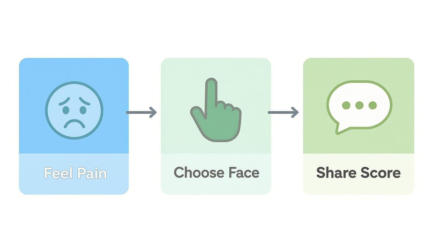 A three-step diagram demonstrating pain assessment: feeling pain, choosing a face, and sharing the score.
