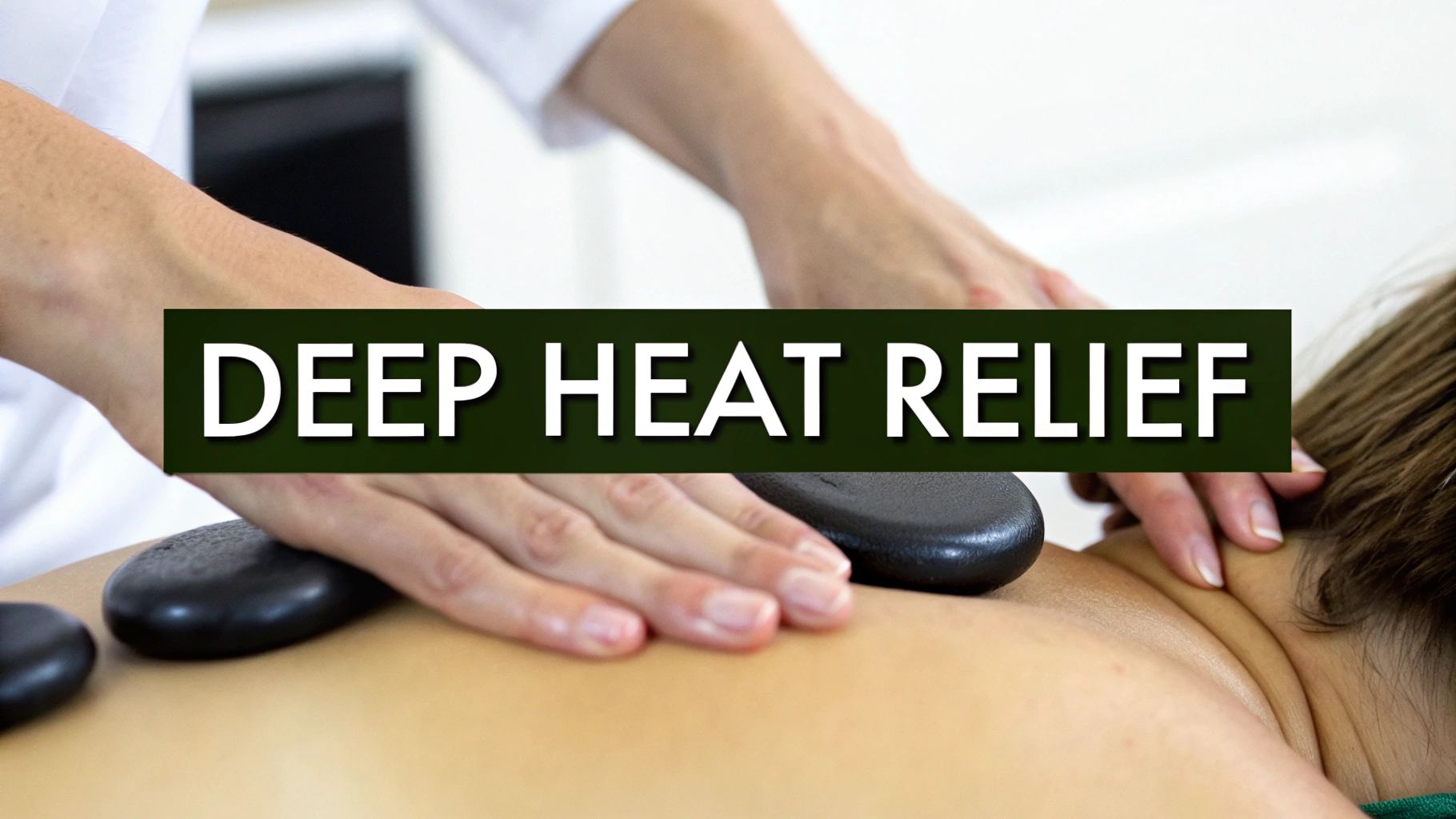 Person receiving a hot stone massage on their back, with smooth dark stones and a therapist's hands.