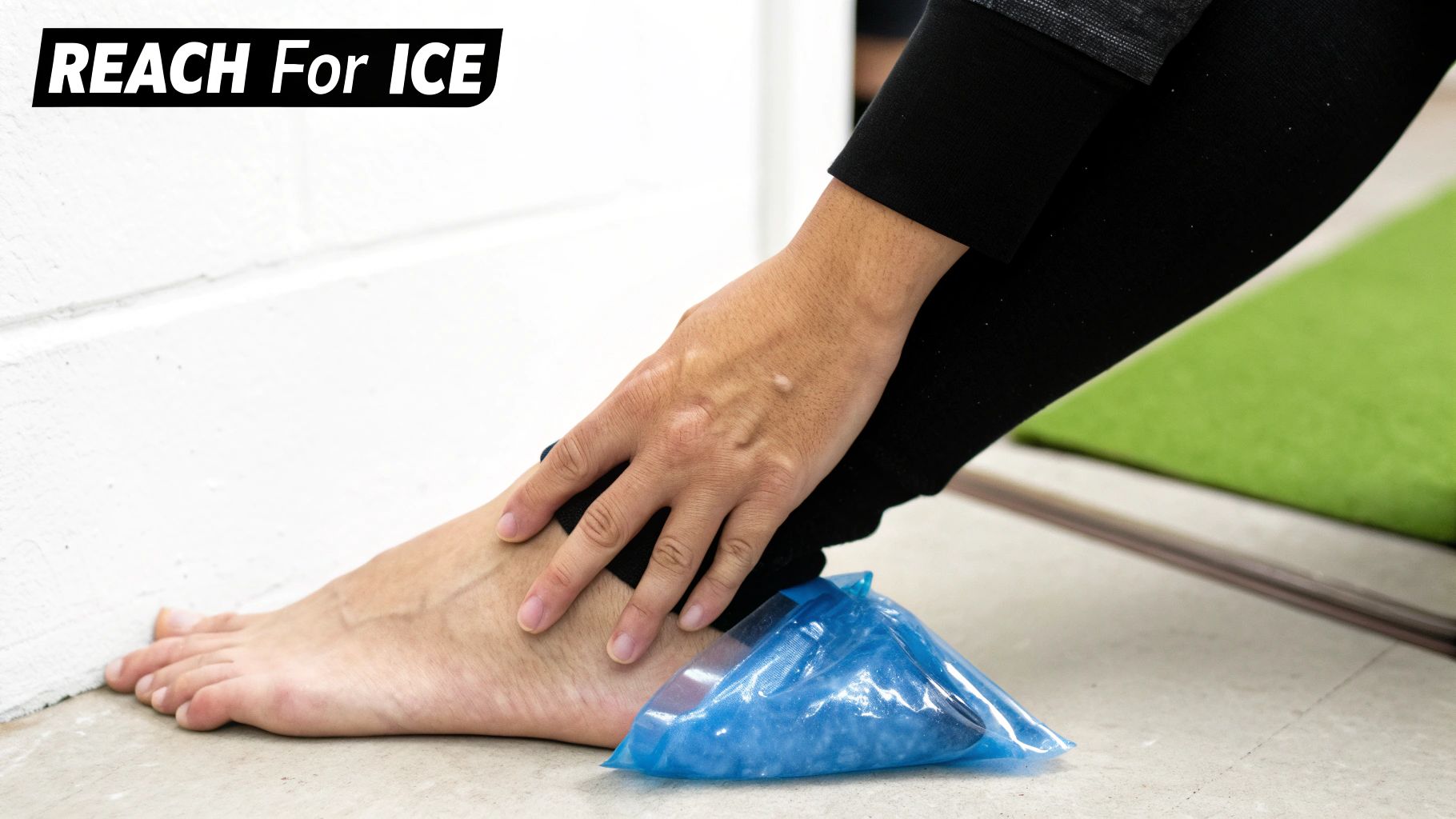 A person is applying a blue ice pack to their bare ankle for comfort and healing.