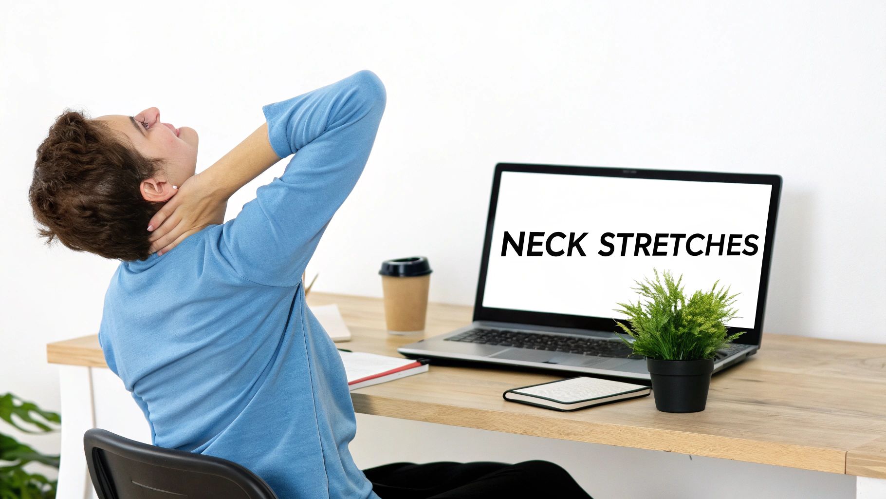 A person gently stretching their neck to relieve tension.