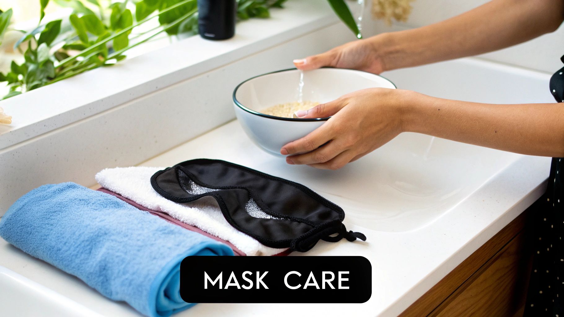 Woman hand washing a sleep mask in a sink