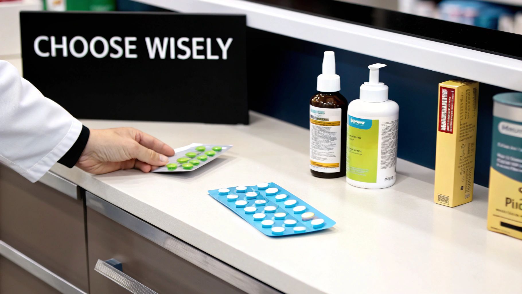 A pharmacist's hand holds green pills next to white pills on a counter with a 'Choose Wisely' sign.