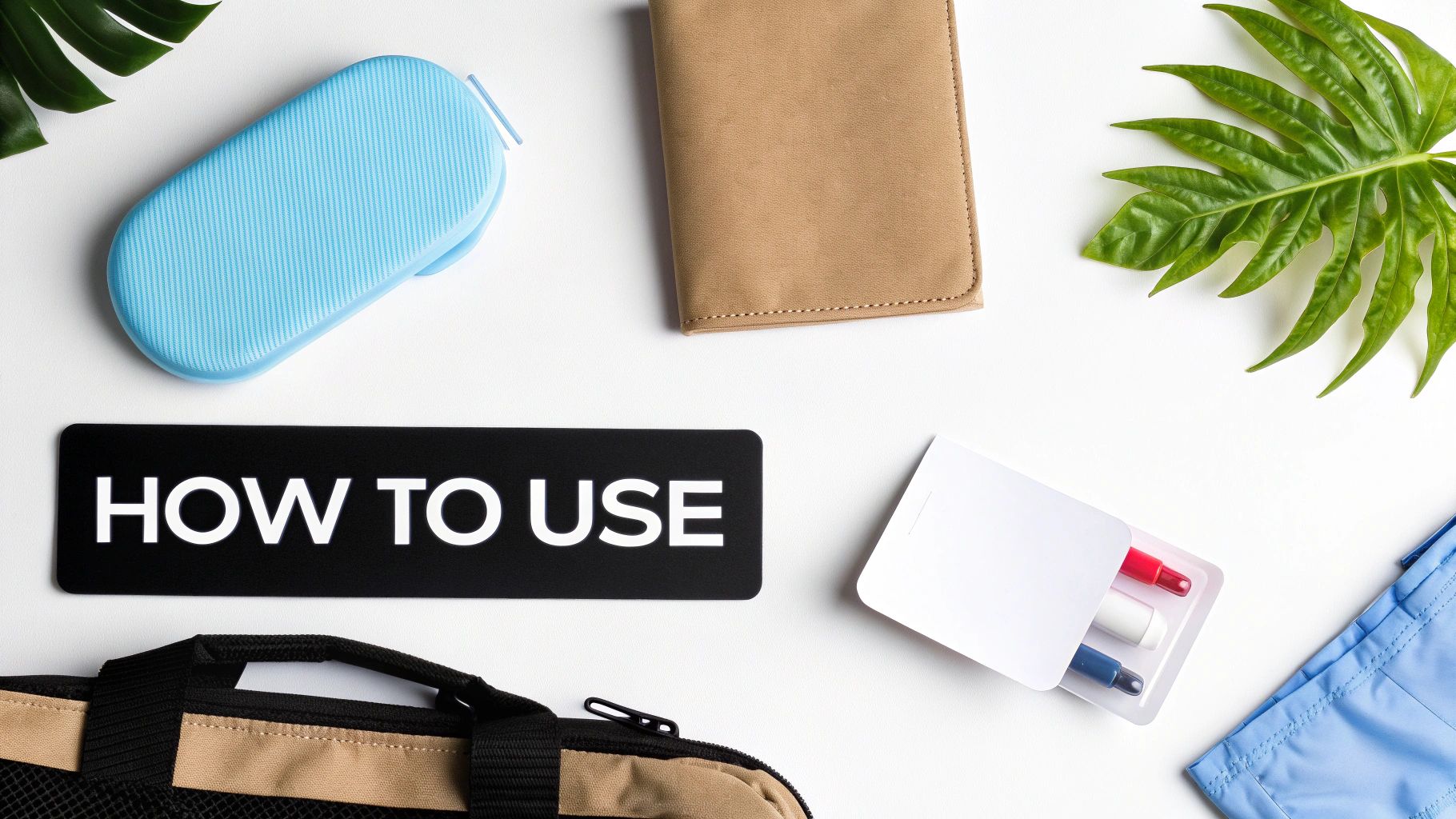 Flat lay of various items including a blue case, wallet, tropical leaf, and 'HOW TO USE' sign.