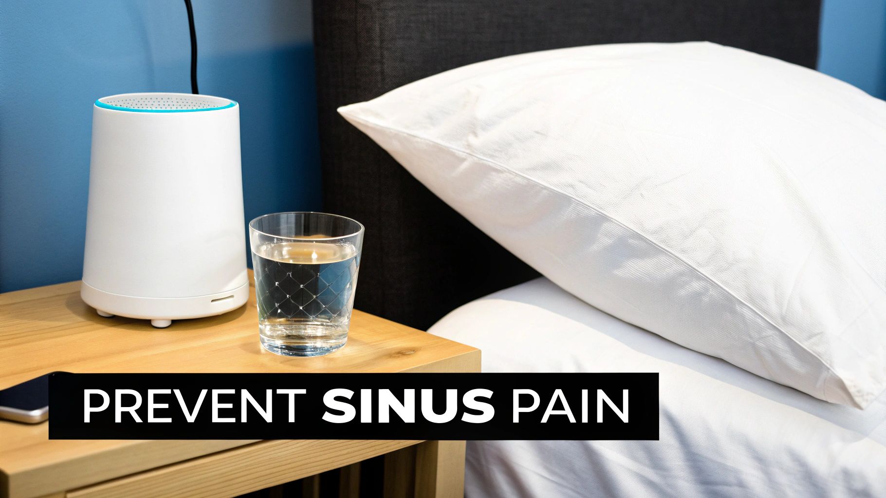 White humidifier device on bedside table next to glass of water to prevent sinus pain