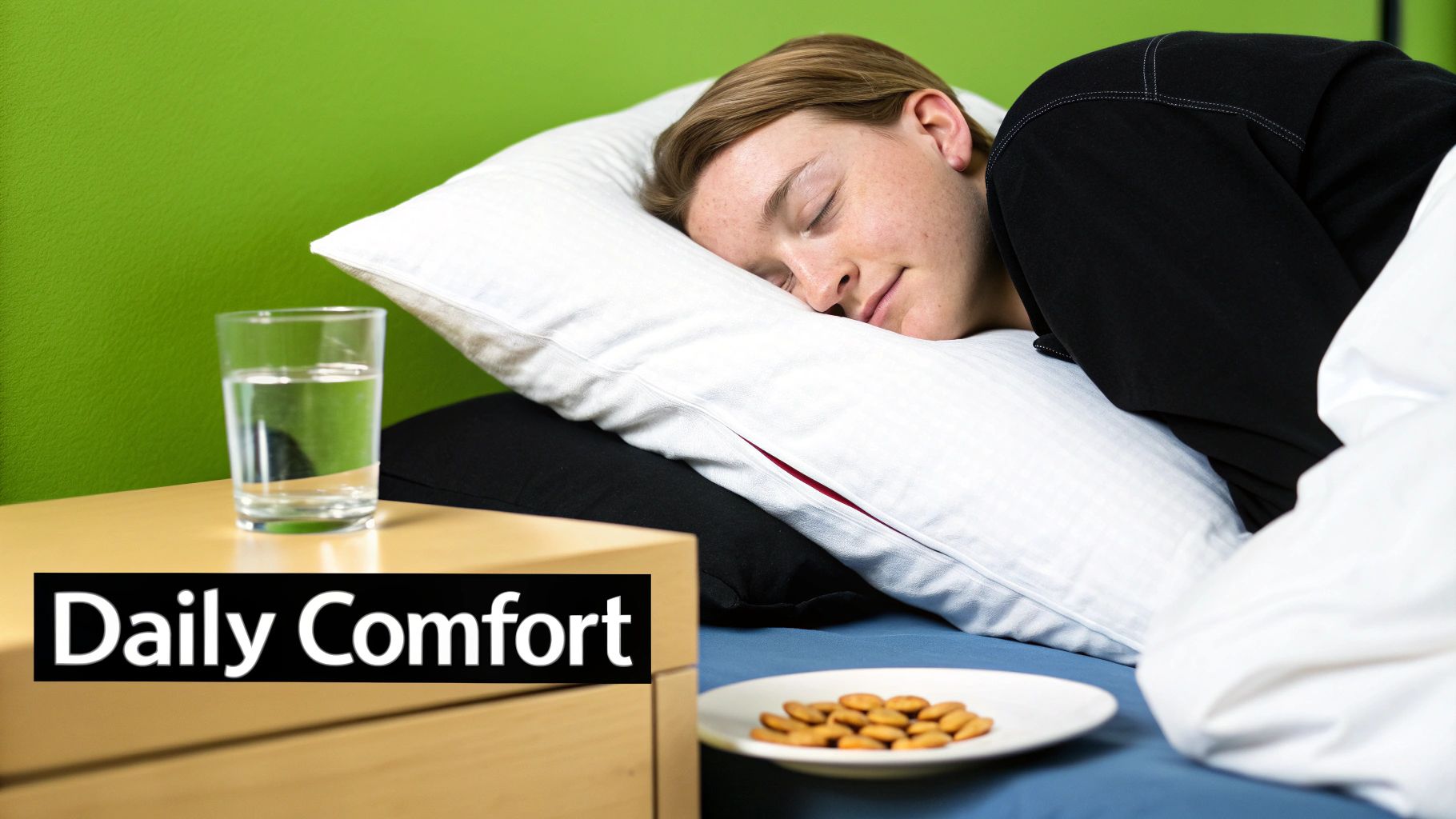 A person sleeps peacefully on a white pillow, with water and almonds nearby on a nightstand.