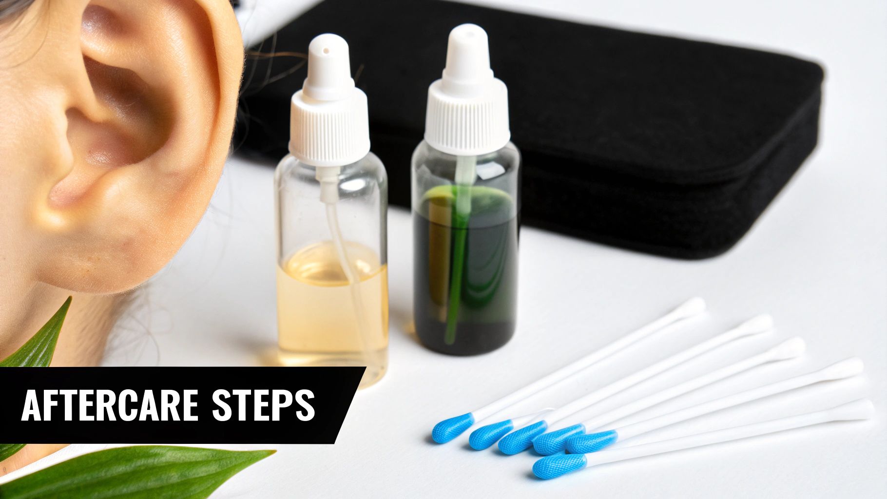 A close-up of a daith piercing showing proper aftercare