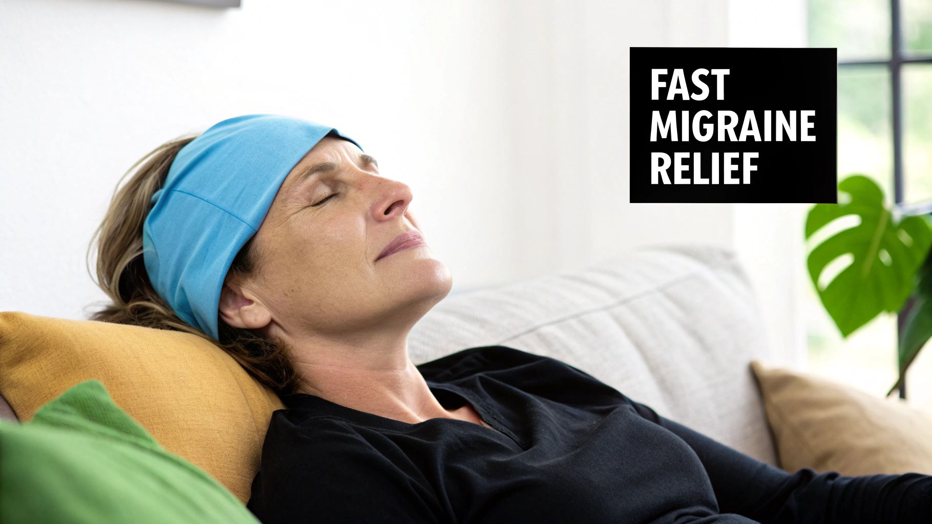 A woman with a blue migraine relief cap rests on a couch, seeking fast migraine relief.
