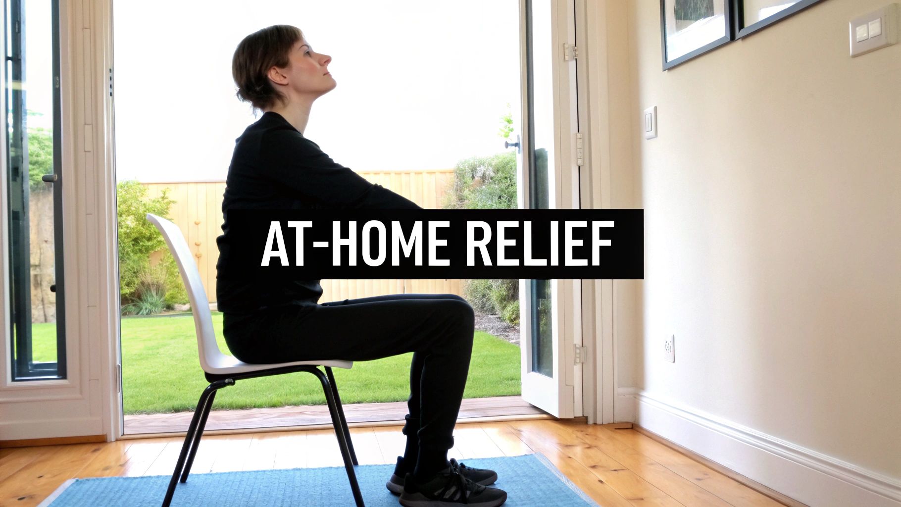 A woman in black clothing sits on a chair, gently stretching her neck upwards, for at-home relief.