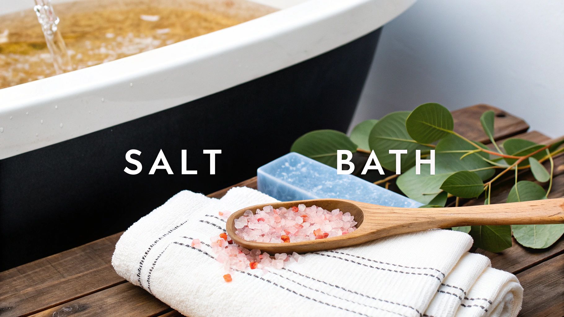 A wooden spoon holds pink Himalayan salt, alongside a blue soap bar and eucalyptus, next to a bathtub for a relaxing salt bath.