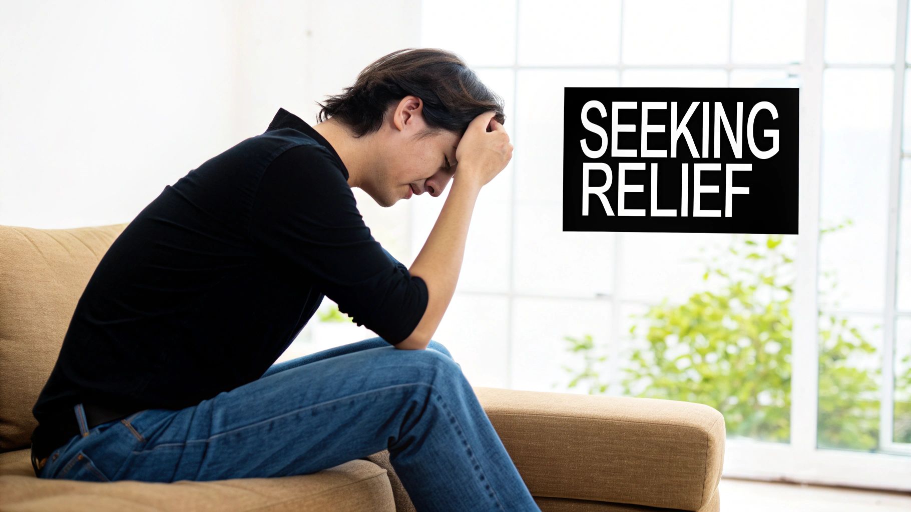 A close-up of a daith piercing in a person's ear cartilage