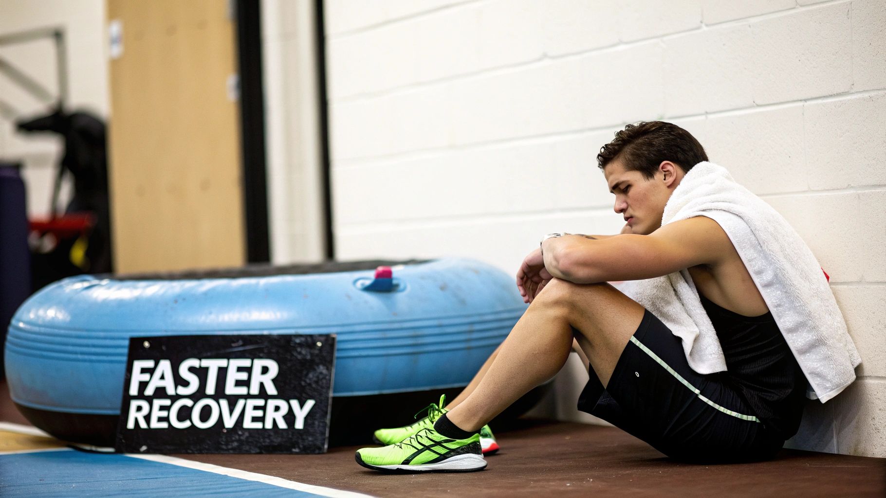 Young male athlete resting with a towel, near a float tank for faster recovery.