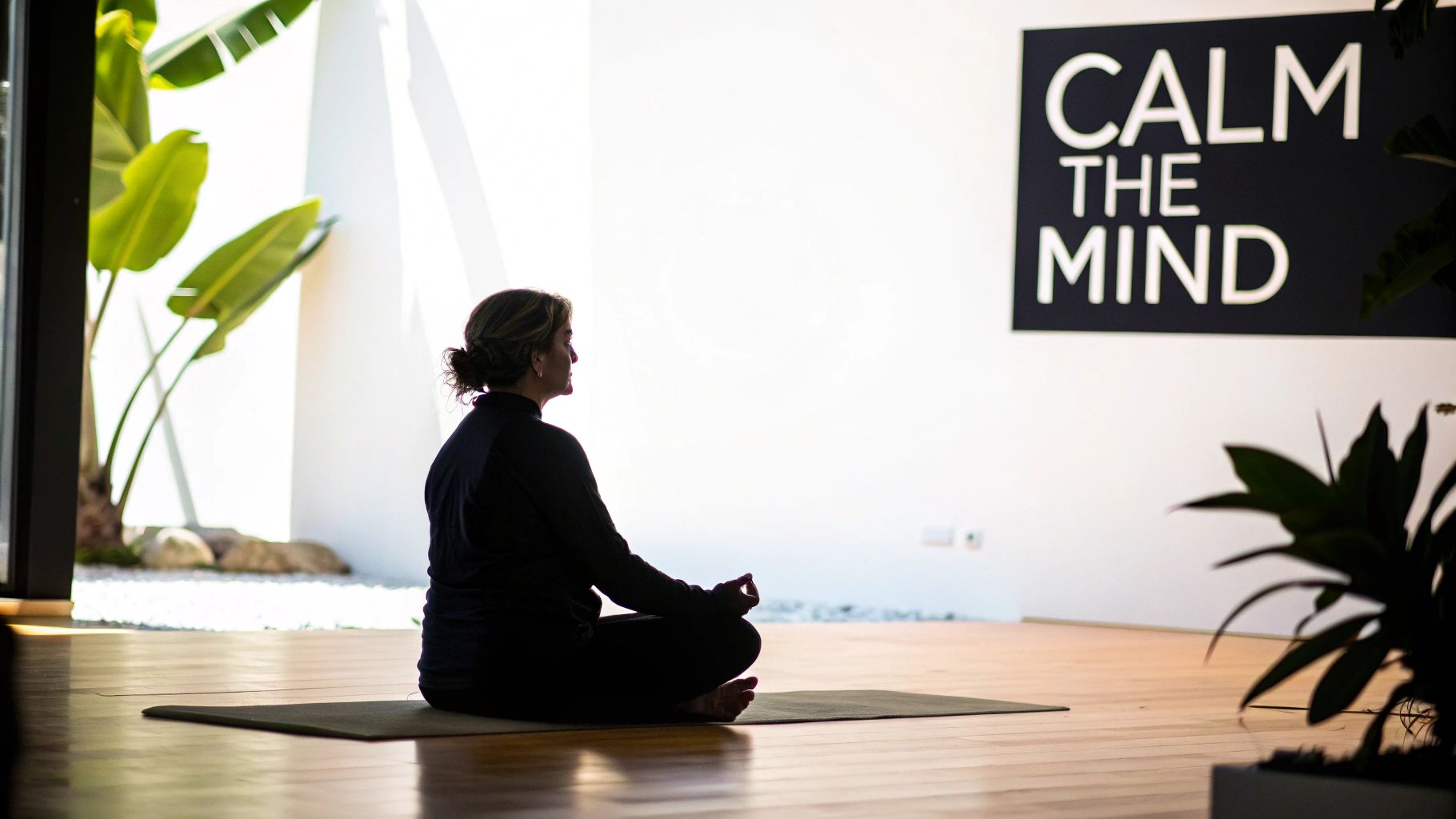 Woman meditating in lotus position on yoga mat in peaceful studio with calm the mind sign