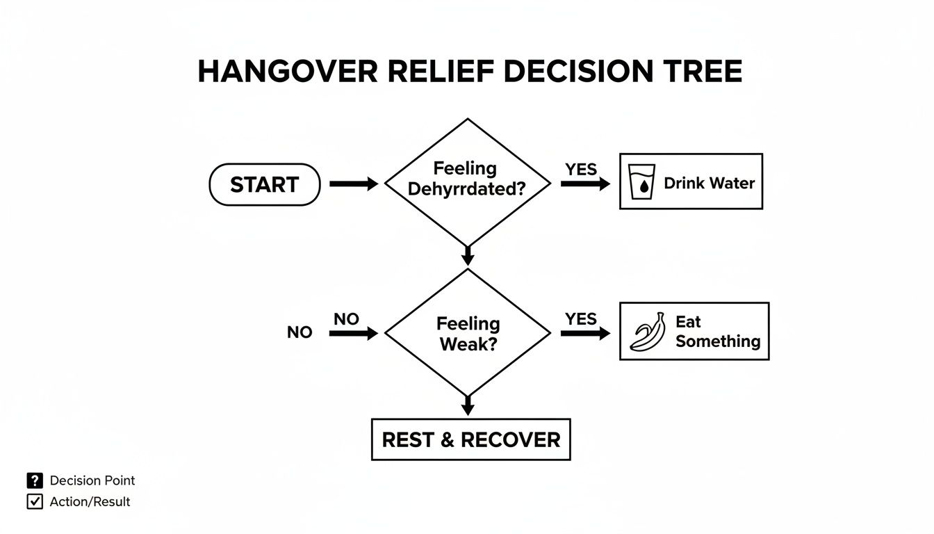 A flowchart outlining a hangover relief decision tree, guiding users to hydrate, eat, and rest.