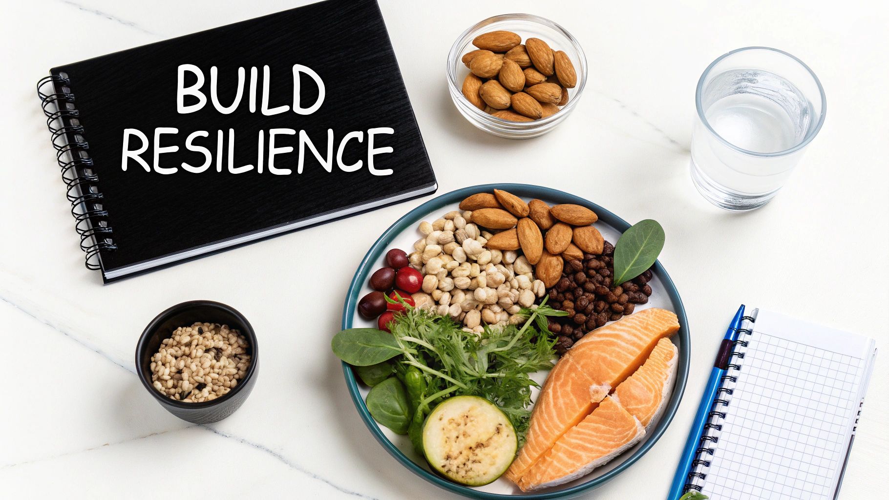 A healthy meal plate with salmon, nuts, and greens, beside a 'BUILD RESILIENCE' notebook.