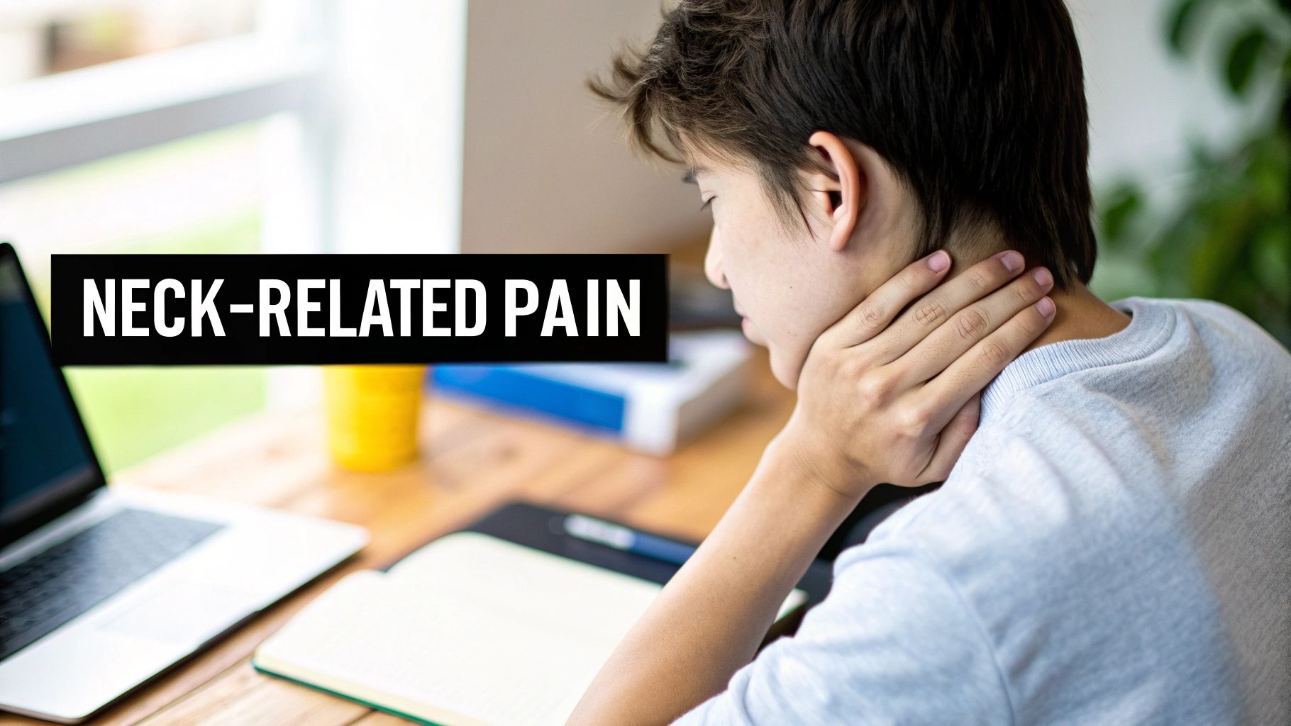 A person experiencing neck pain, holding their neck while working or studying at a desk.