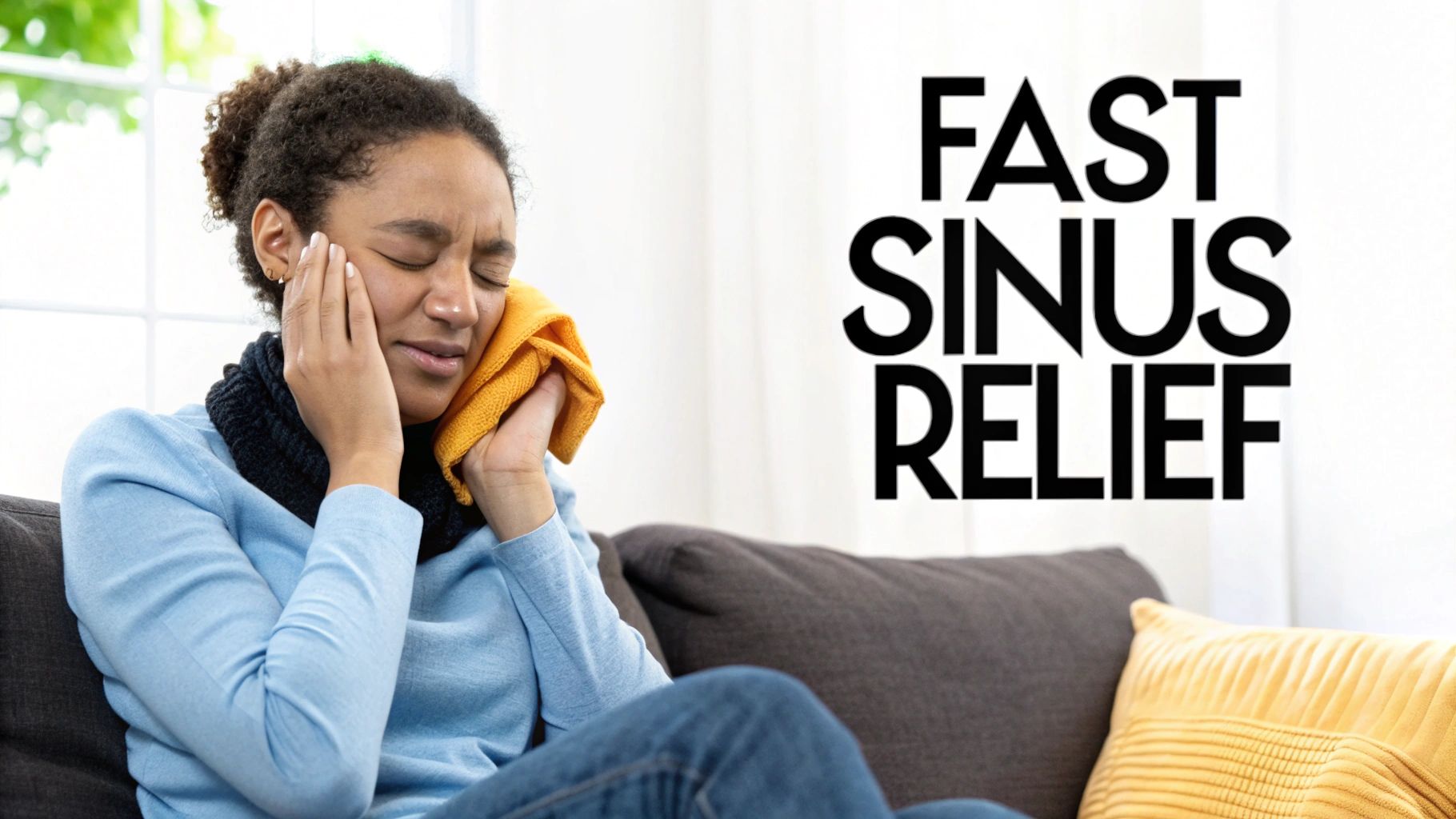 Woman experiencing sinus pain holding warm compress to face seeking fast relief at home