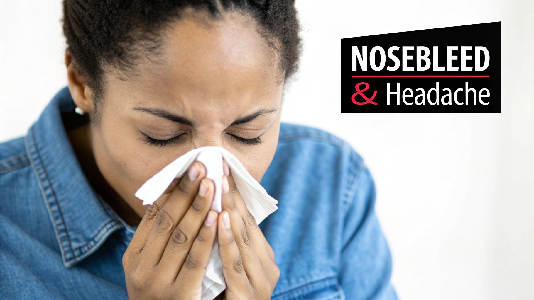 A person in a denim shirt holding a tissue to their nose, with text 'NOSEBLEED & Headache'.