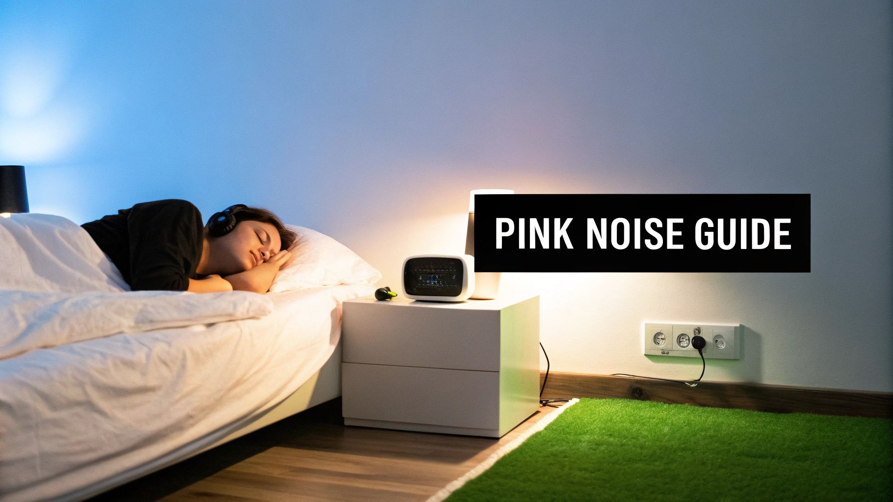 A person sleeps peacefully in bed wearing headphones, a pink noise machine on the nightstand, with text 'PINK NOISE GUIDE'.