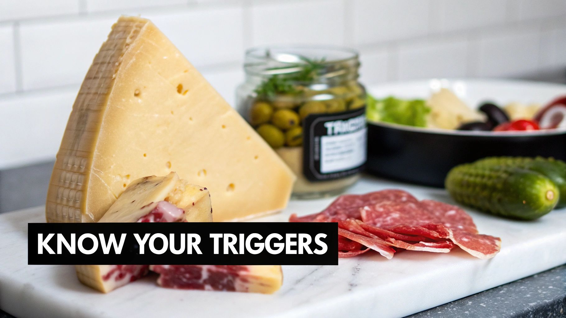 A charcuterie board featuring a large cheese wedge, salami, olives in a jar, and pickles.