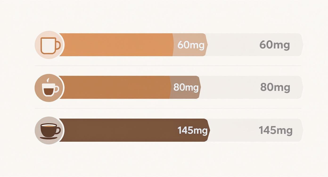 Visual guide to caffeine levels in different coffee drinks, showing 60mg, 80mg, and 145mg.