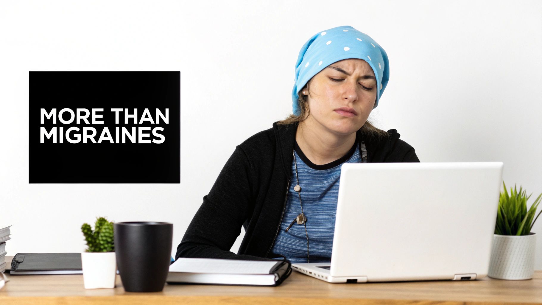 Distressed woman with blue bandana at desk, a 'MORE THAN MIGRAINES' sign beside her.
