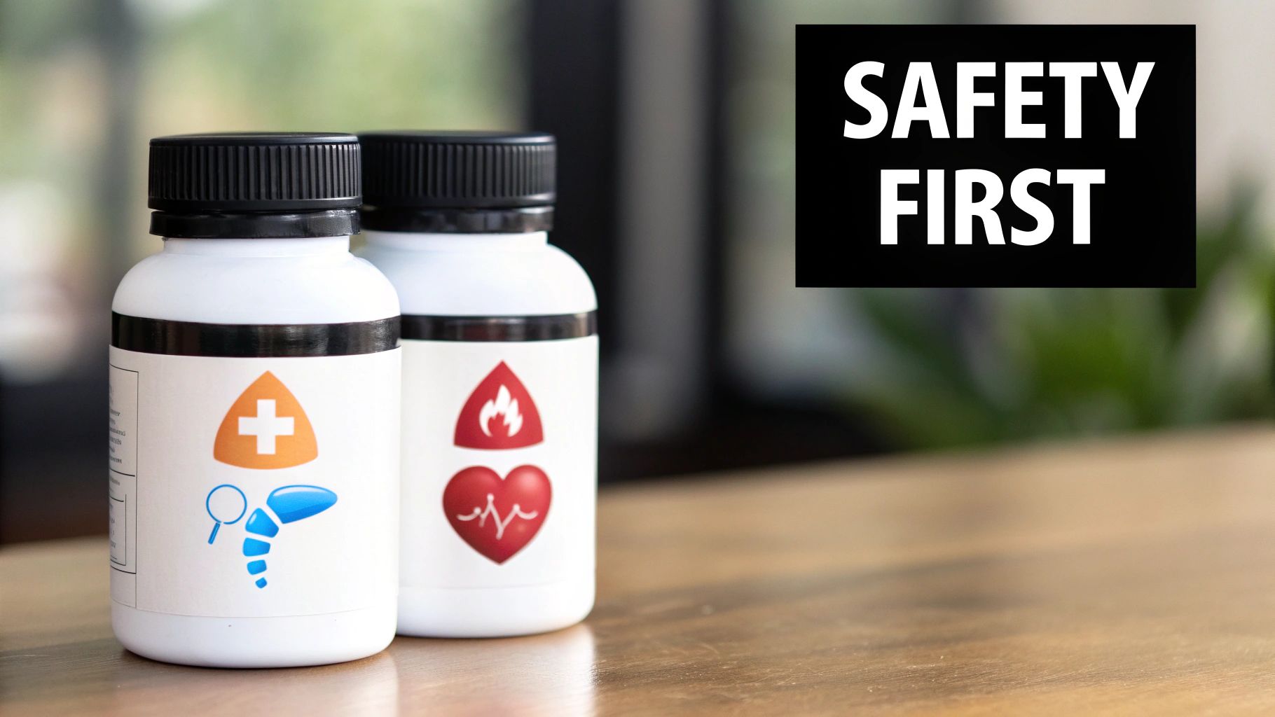 Two white medication bottles with safety symbols next to safety first sign on wooden surface