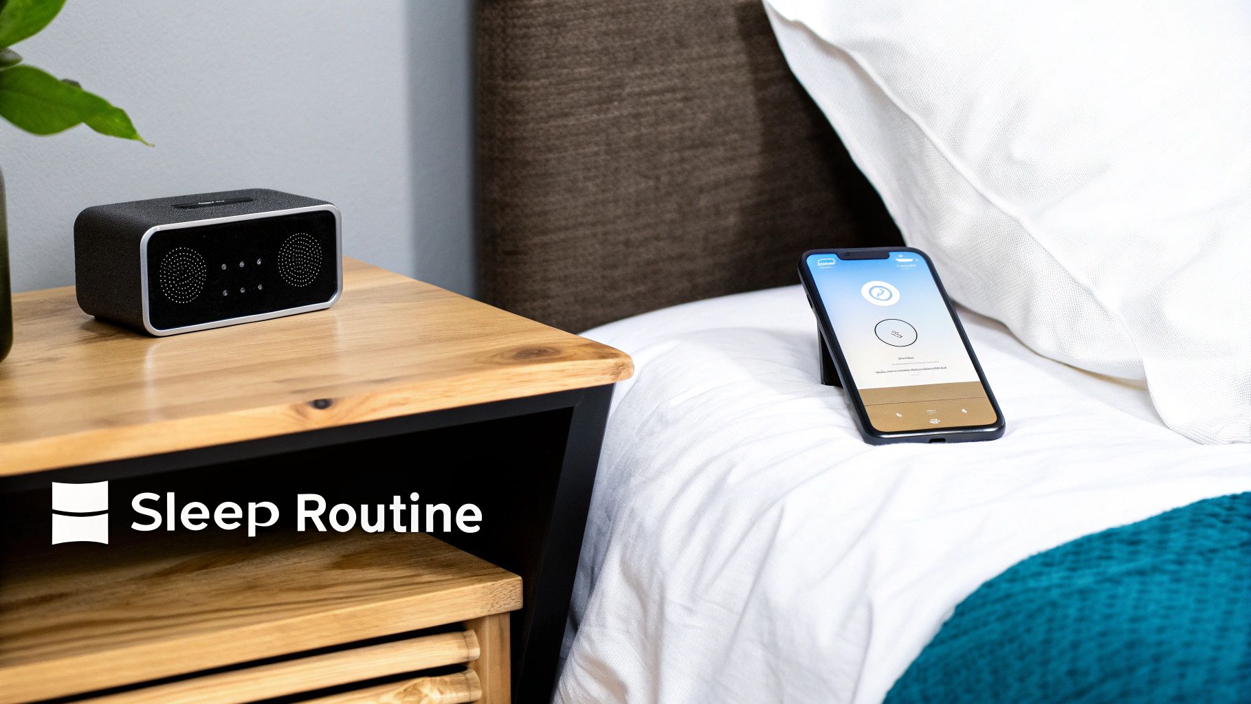 A sleep routine setup with a sound machine on a nightstand and a smartphone displaying a sleep app on a bed.