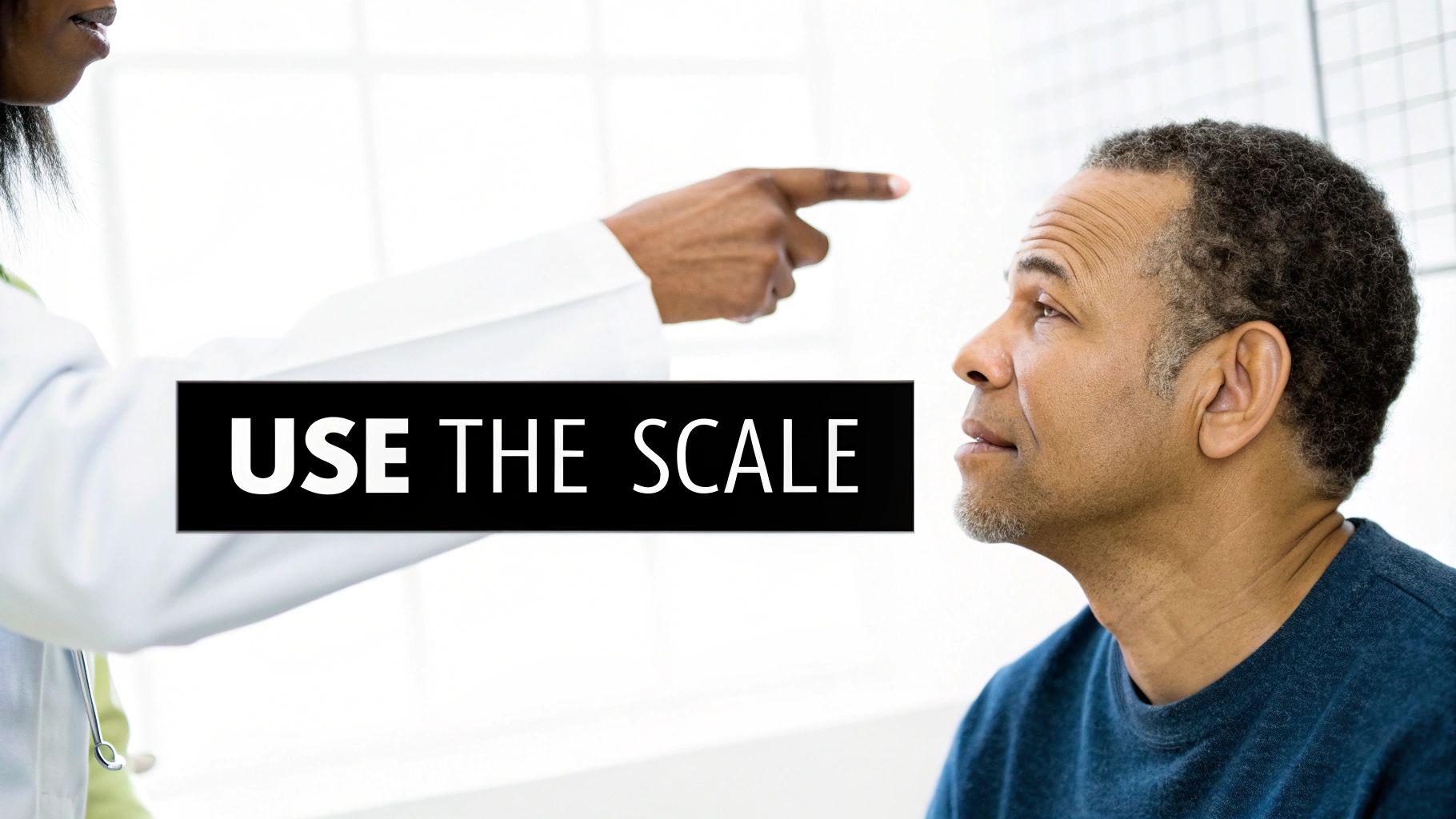A doctor points as a patient looks up, with text "USE THE SCALE" on a black banner.