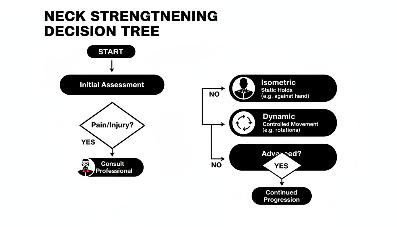 Decision tree flowchart illustrating neck strengthening exercises and progression based on pain and assessment.