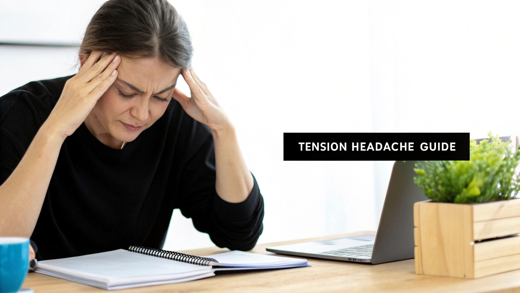 Woman holding her temples due to a tension headache