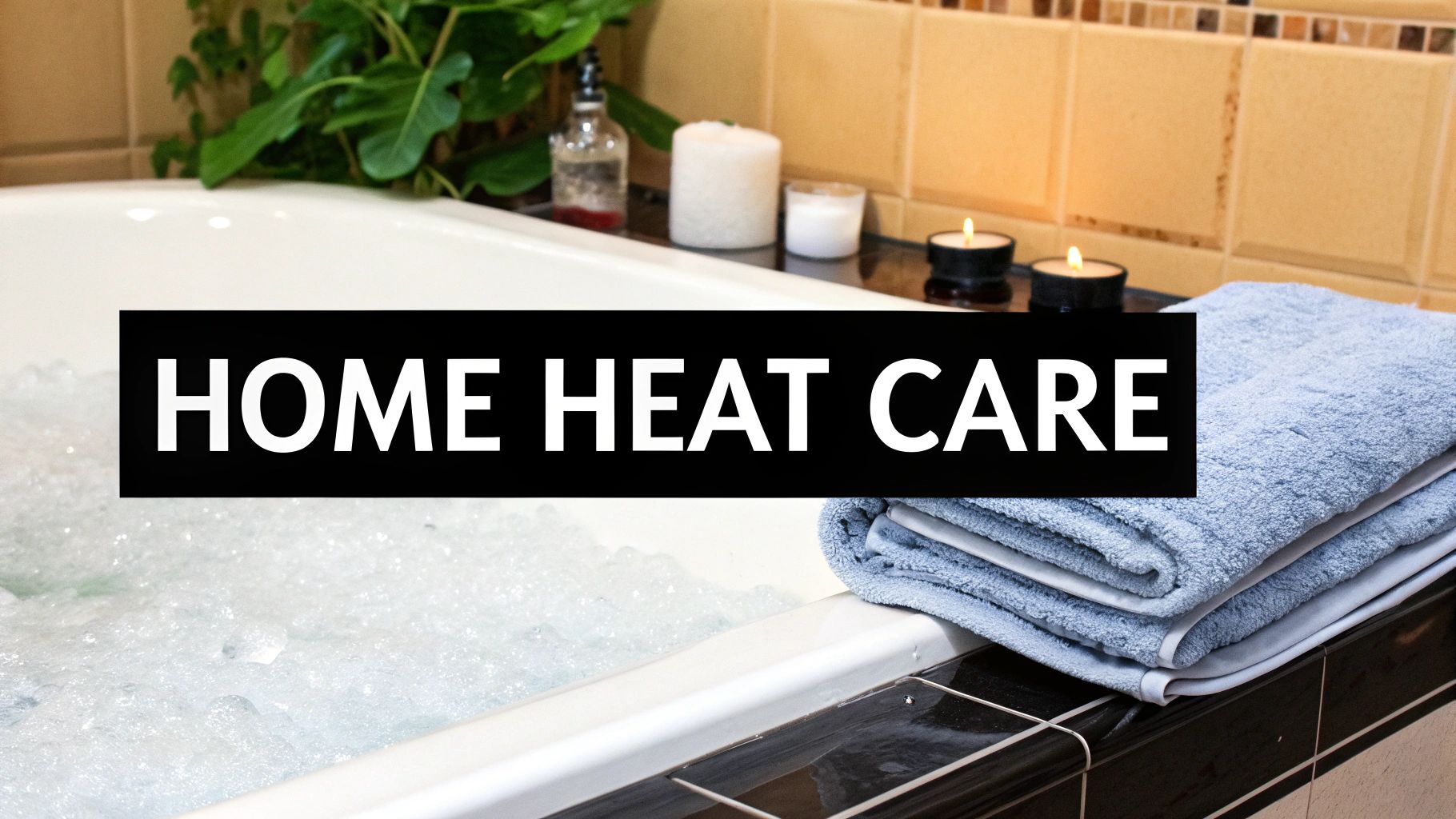 A warm, bubbly bathtub scene with lit candles and blue towels, featuring 'HOME HEAT CARE' text.