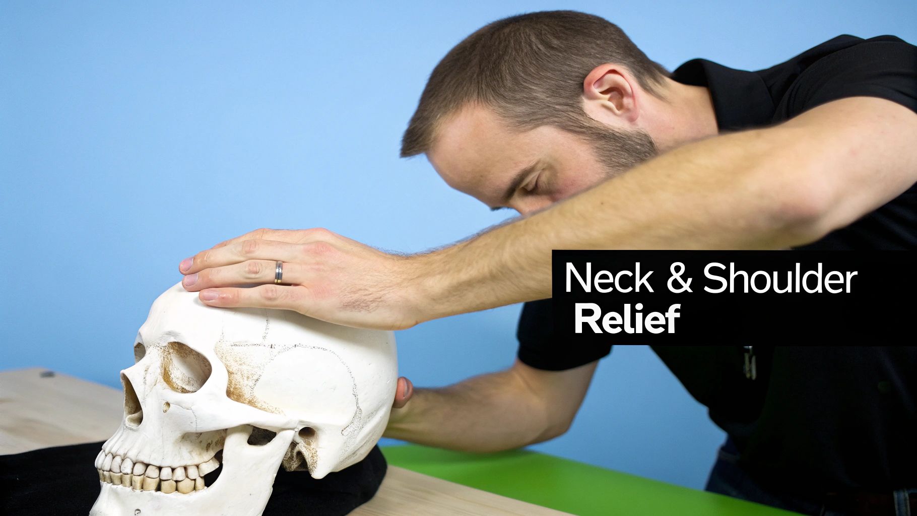 A man demonstrates pressure points on a skull model for tension headache and neck relief.