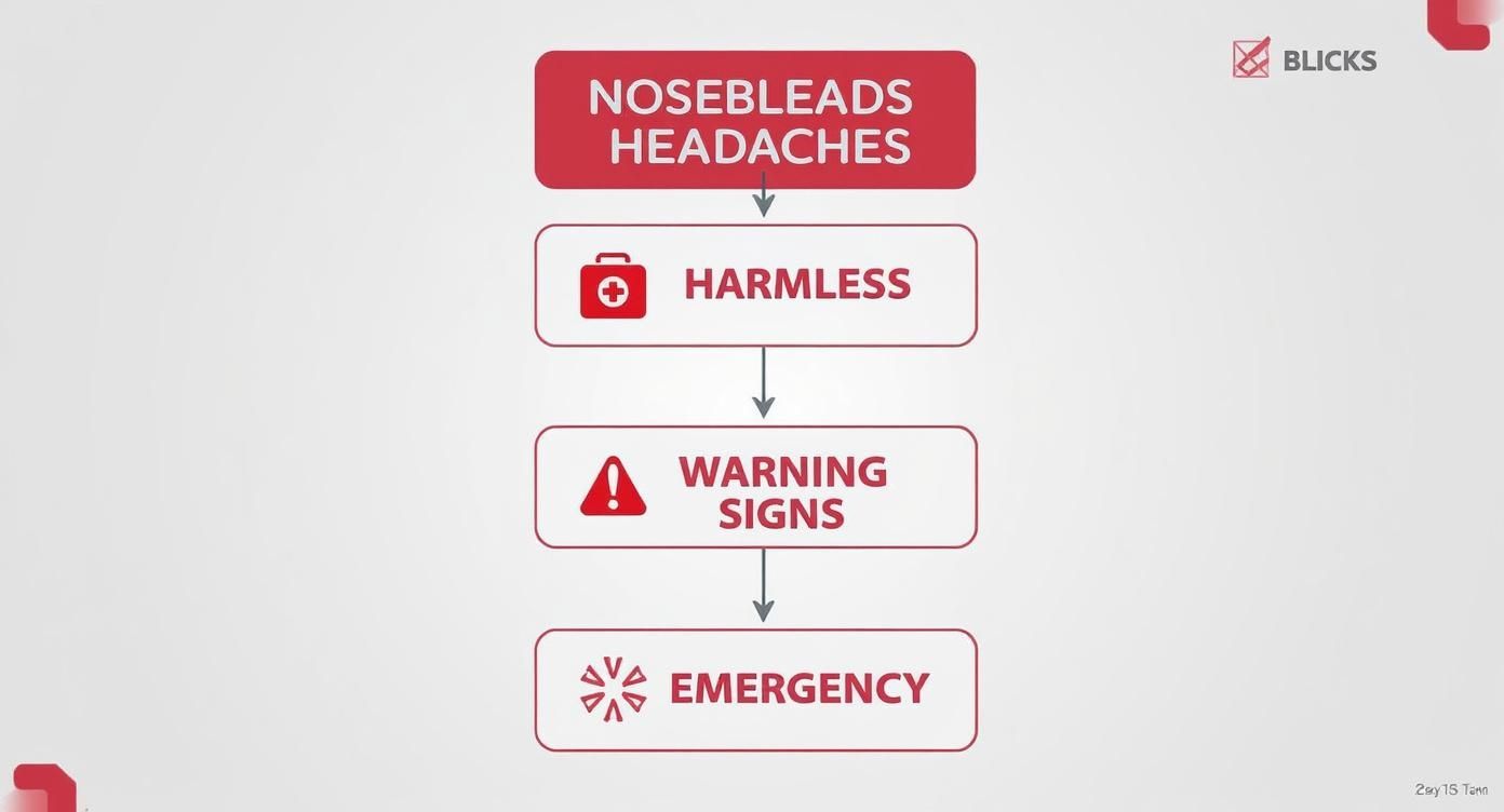 A flowchart illustrates that nosebleeds and headaches can range from harmless to warning signs or an emergency.