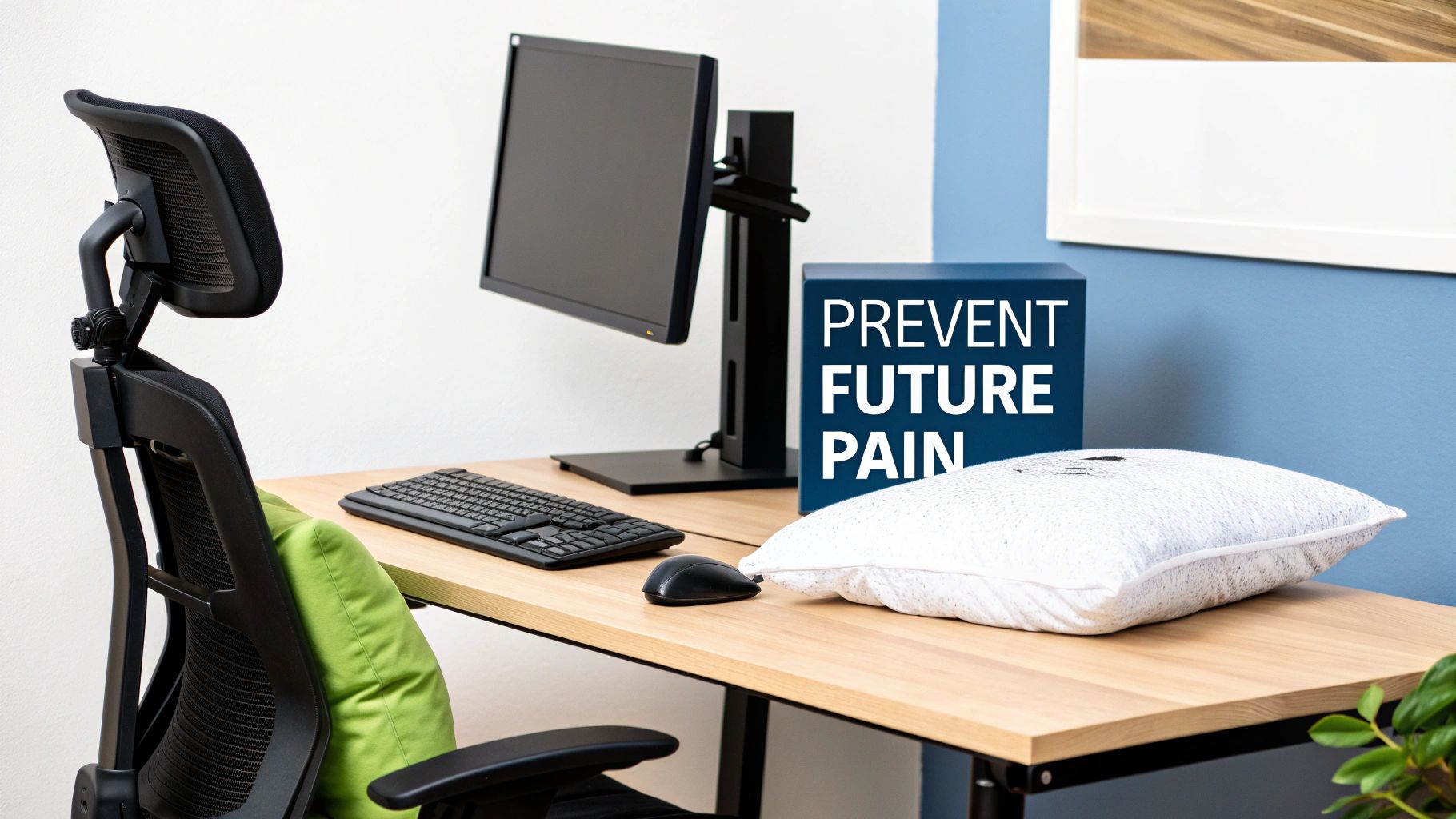 An ergonomic office workspace with a chair, desk, computer, and pillows, encouraging pain prevention.