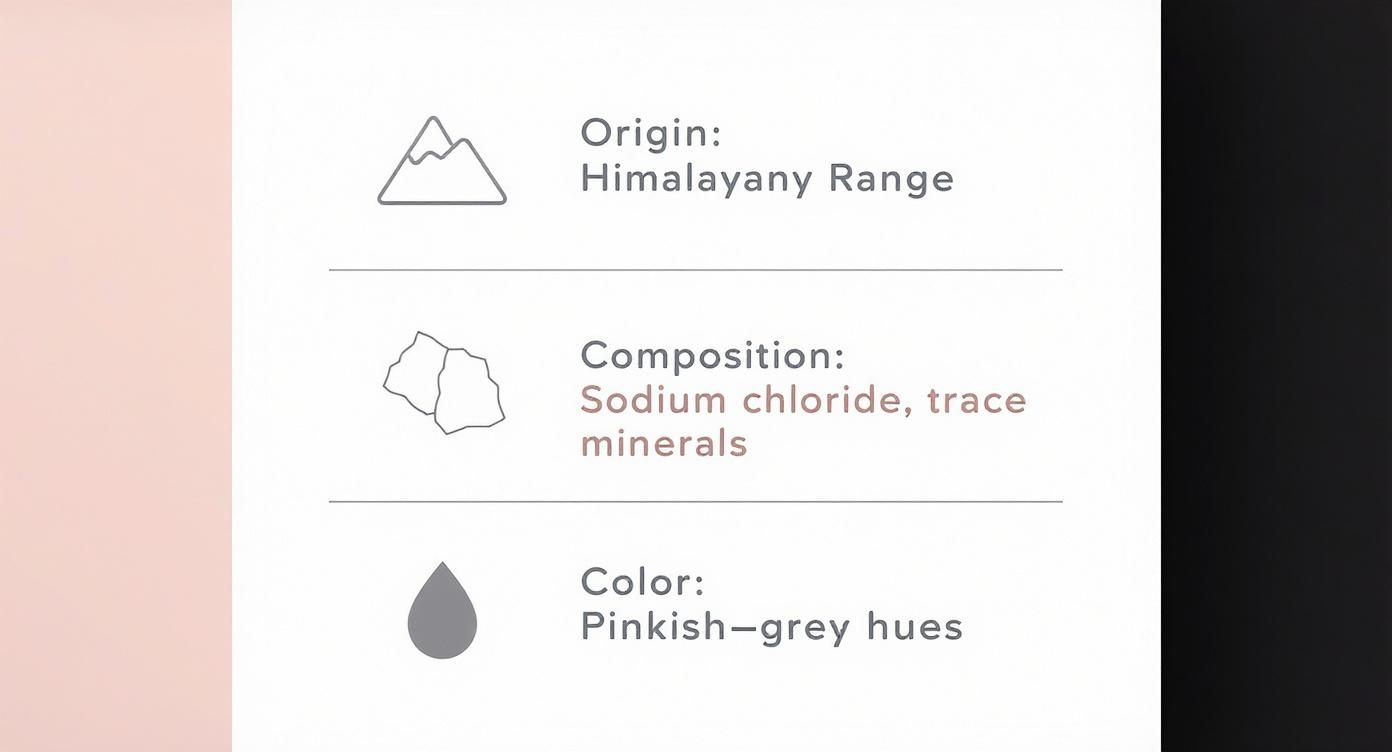 Infographic detailing the origin, composition, and color of Himalayan rock salt, highlighting its pinkish-grey hues.