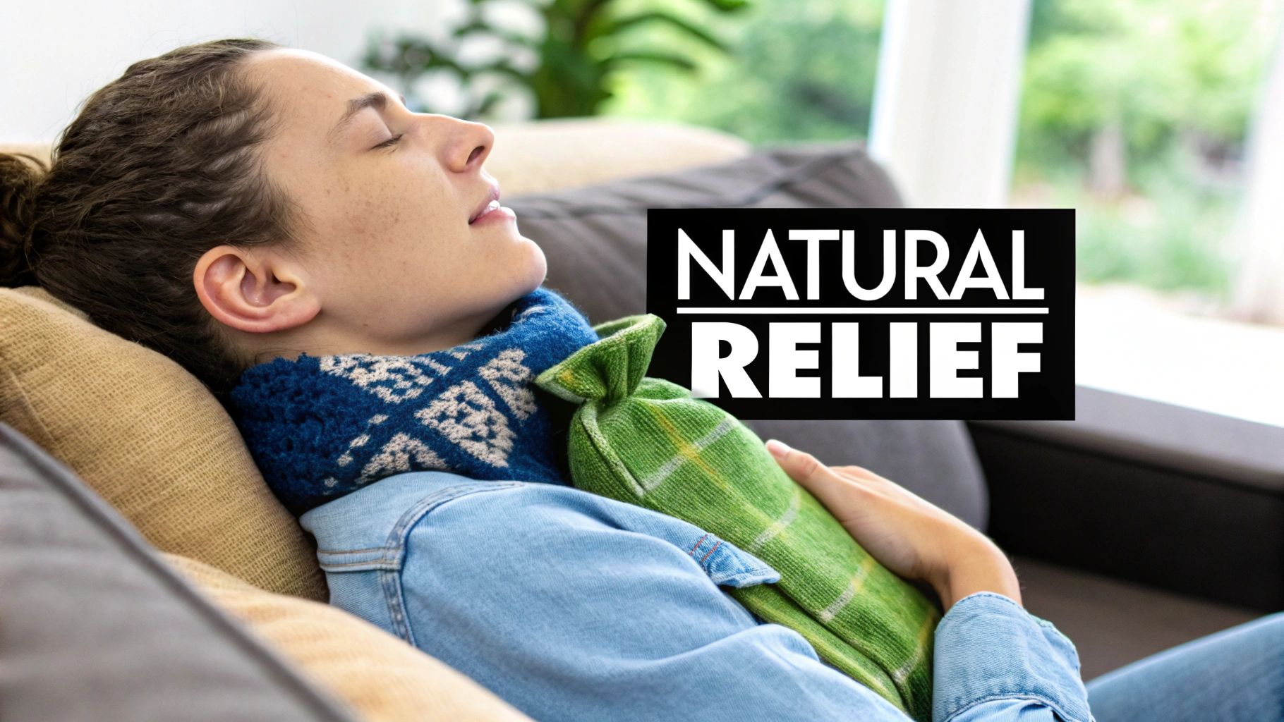 A person holding a soft, grey DIY heat pack against their neck for comfort.