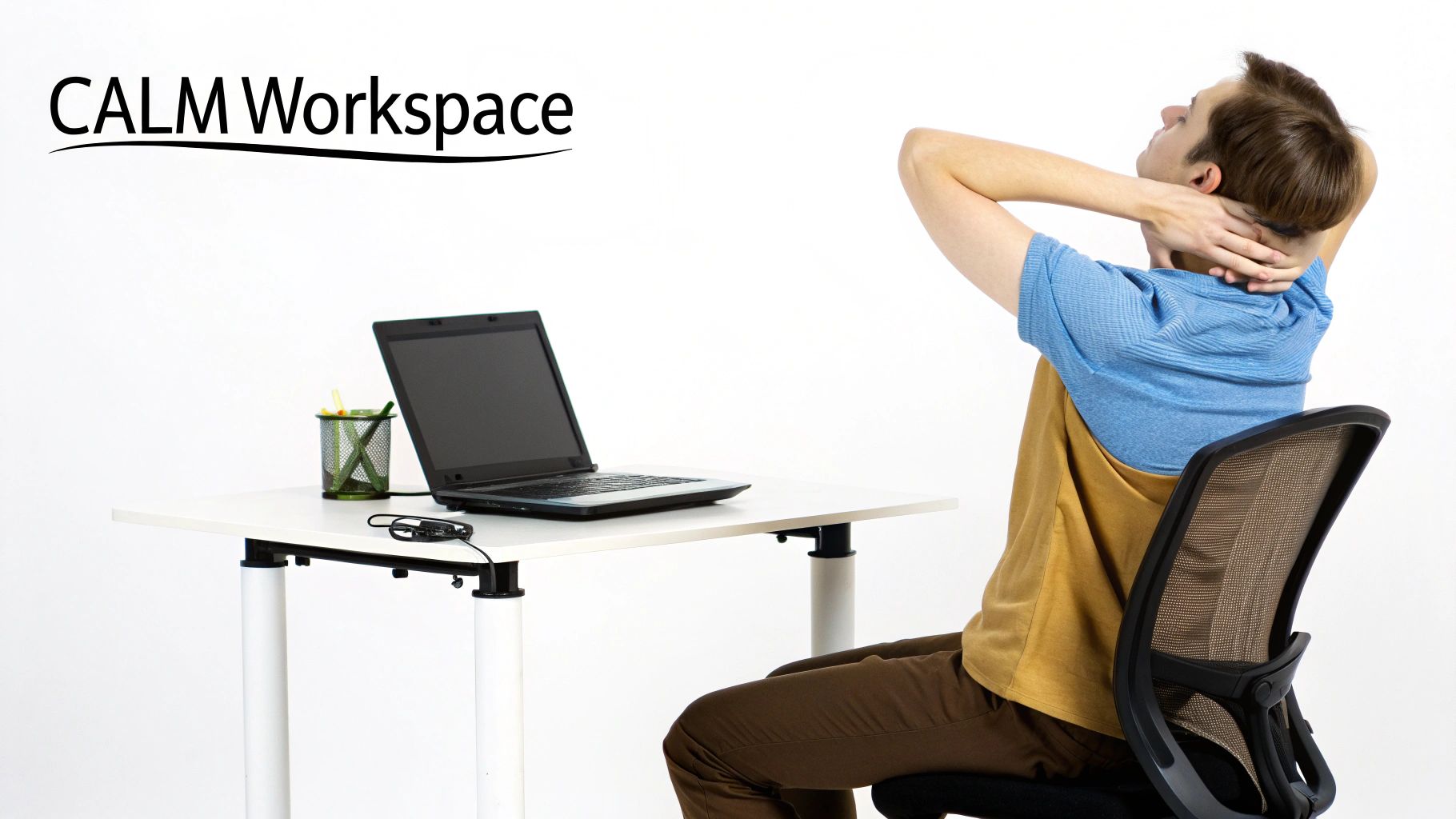 Man stretching at ergonomic desk setup with adjustable height workspace for headache prevention