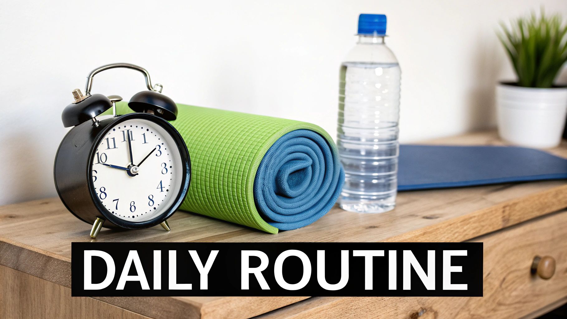 Daily routine fitness essentials with yoga mats, water bottle, and alarm clock on wooden table