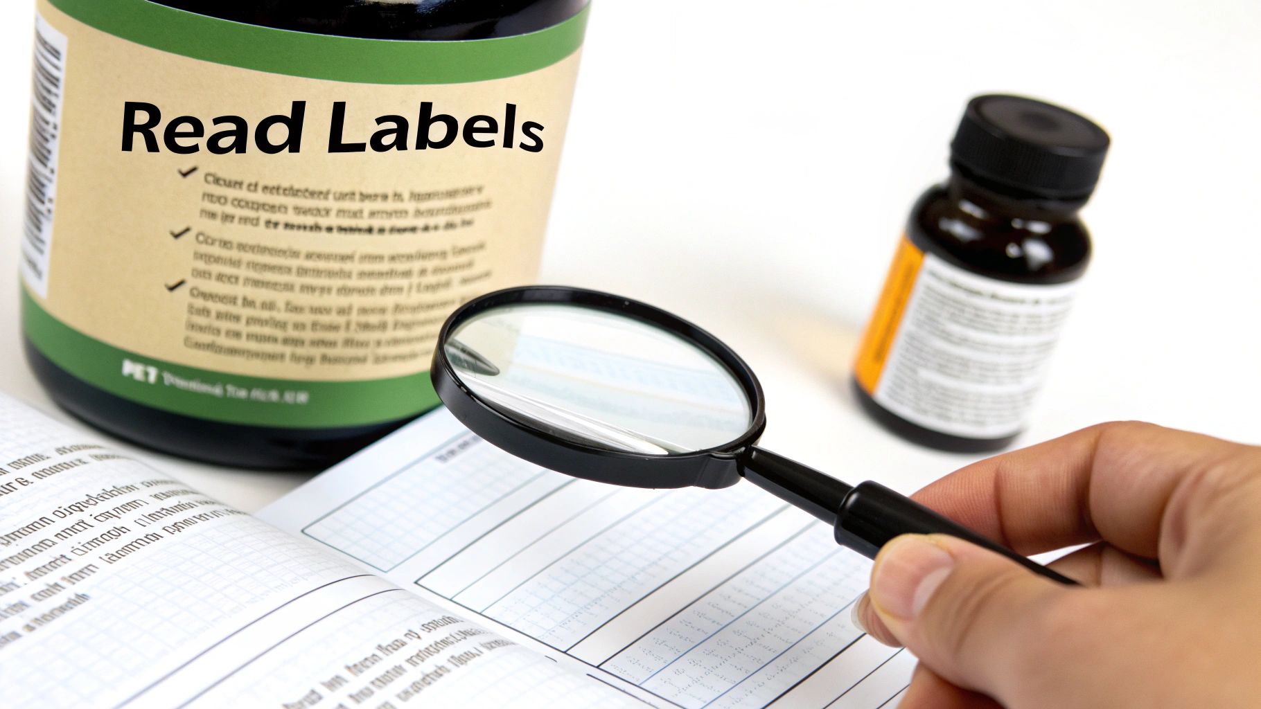 A hand uses a magnifying glass to carefully read information on a book and supplement labels.