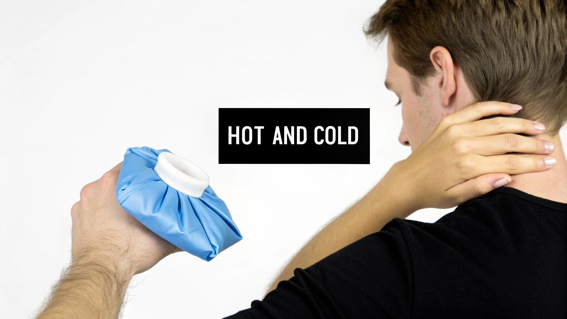 A person using a hot and cold therapy cap for headache relief, looking serene.