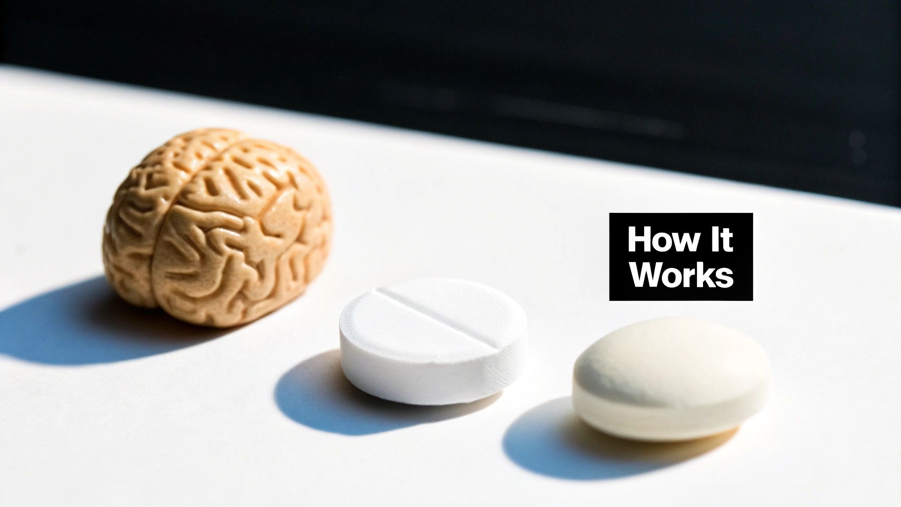 Model brain and two white pills representing aspirin and paracetamol mechanism of action comparison