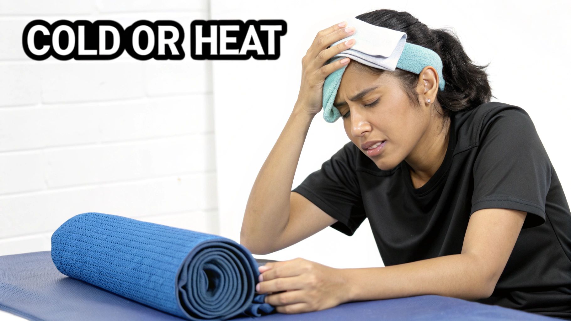 Woman holding ice pack on forehead after exercise demonstrating cold therapy pain relief technique