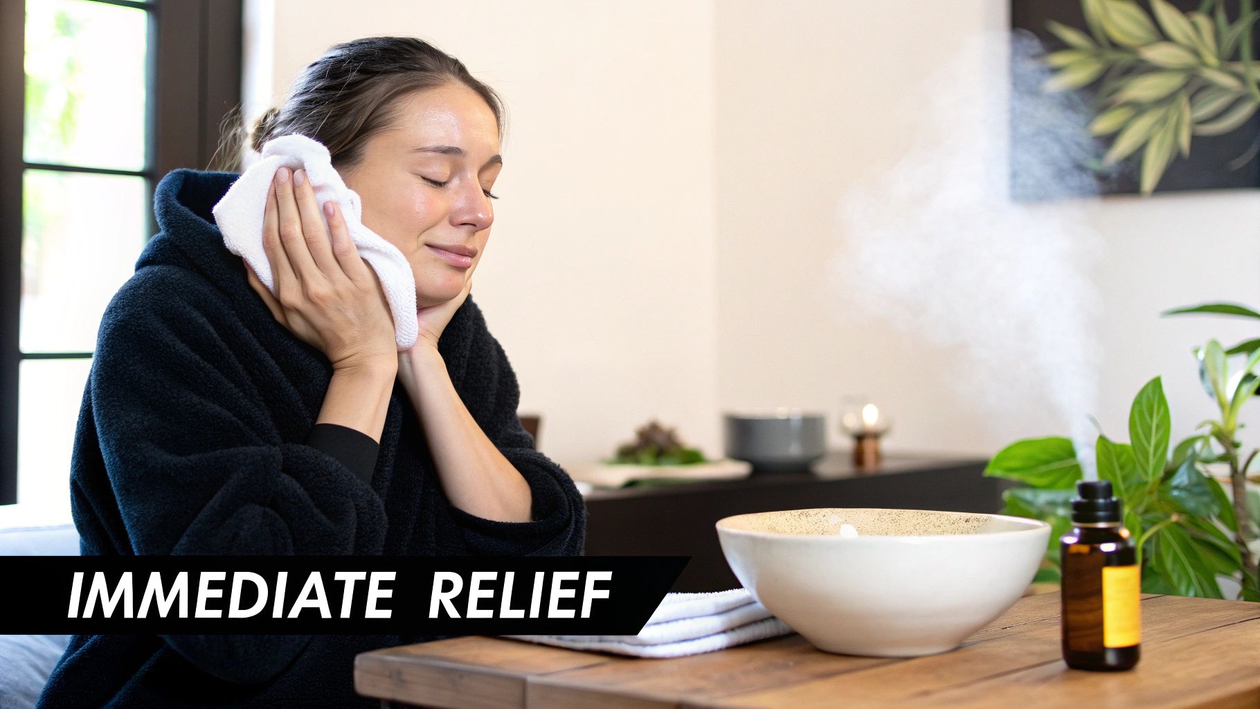 Woman using a warm towel and steam from a diffuser for immediate sinus relief.