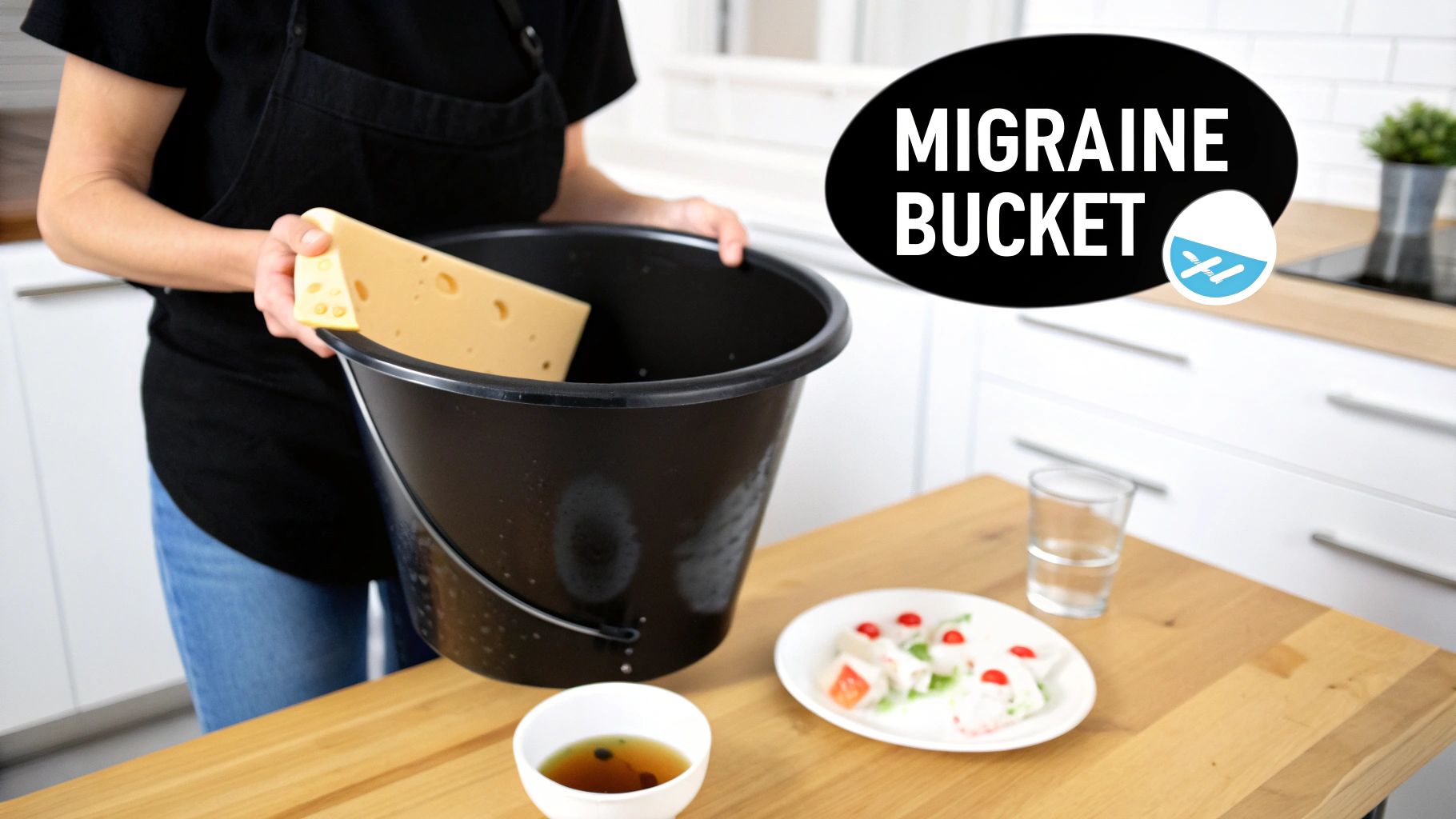 A person places a large wedge of holed cheese into a black bucket labeled 'Migraine Bucket'.